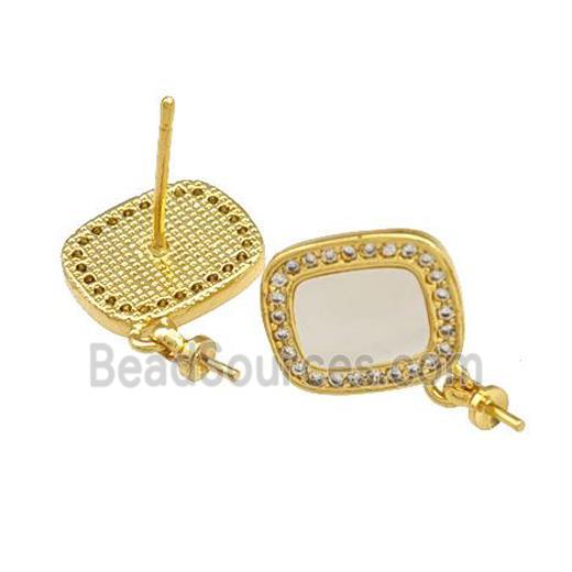 Copper Stud Earrings Pave Shell Zirconia With Bail Rectangle 18K Gold Plated