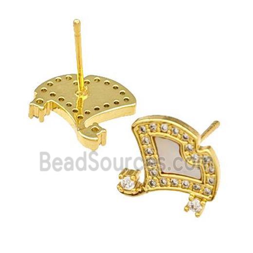 Copper Stud Earrings Pave Shell Zirconia Fan 18K Gold Plated