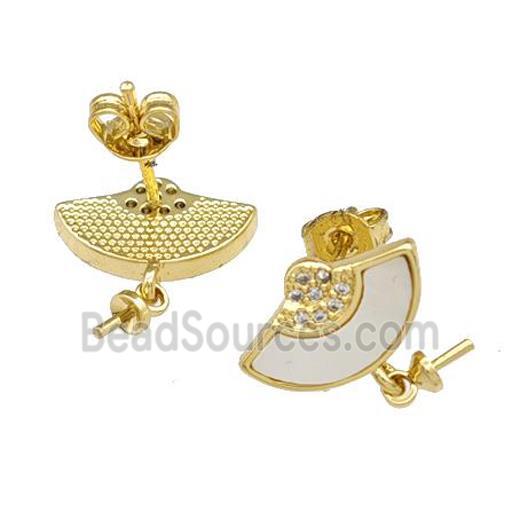 Copper Stud Earrings Pave Shell Zirconia With Bail 18K Gold Plated