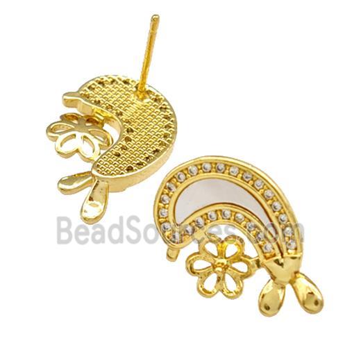 Copper Stud Earrings Pave Shell Zirconia Dolphin 18K Gold Plated