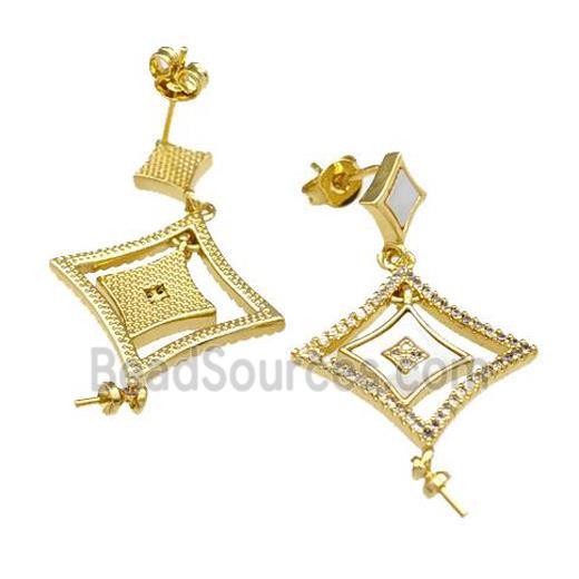 Copper Stud Earrings Pave Shell Zirconia With Bail 18K Gold Plated