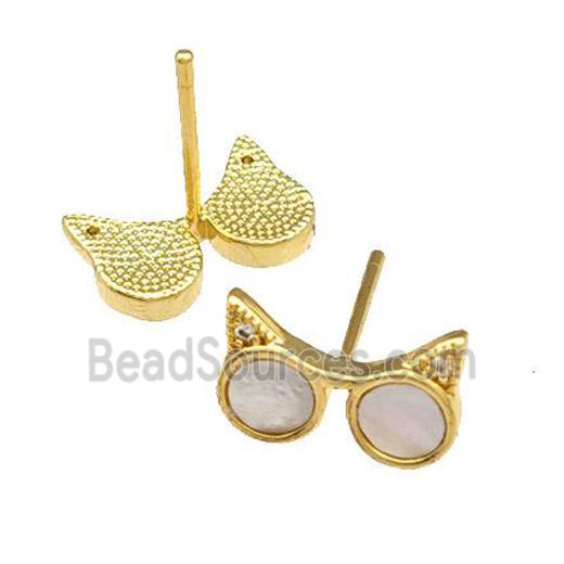 Copper Stud Earrings Pave Shell Zirconia Owl Eye 18K Gold Plated