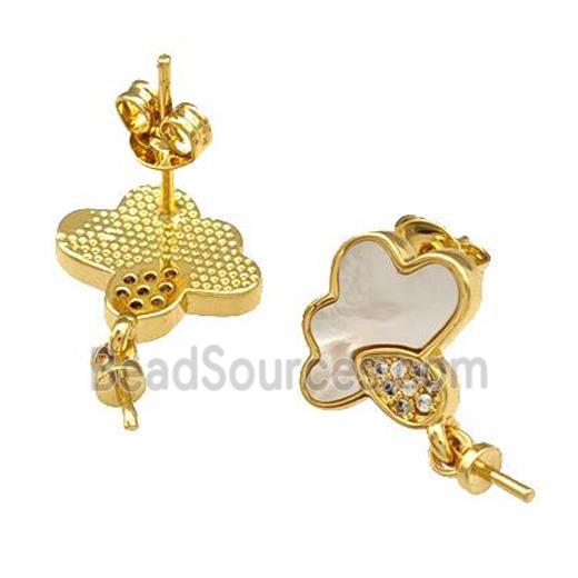 Copper Stud Earrings Pave Shell Zirconia With Bail Cloud 18K Gold Plated