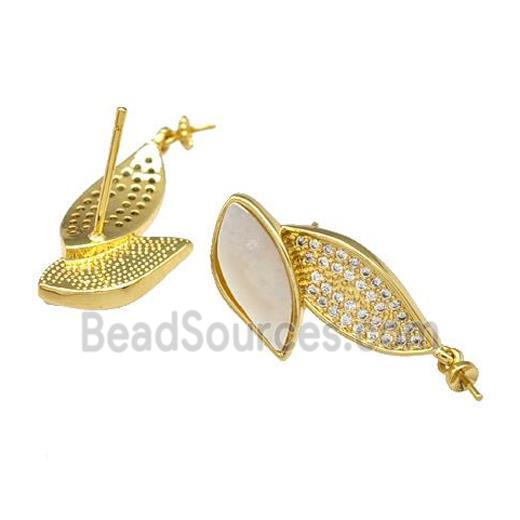 Copper Stud Earrings Pave Shell Zirconia With Bail Leaf 18K Gold Plated