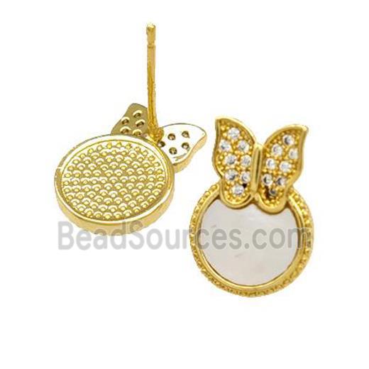 Copper Stud Earrings Pave Shell Zirconia Butterfly 18K Gold Plated
