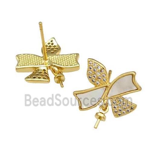 Copper Stud Earrings Pave Shell Zirconia With Bail Butterfly 18K Gold Plated