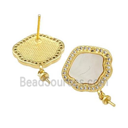 Copper Stud Earrings Pave Shell Zirconia With Bail 18K Gold Plated