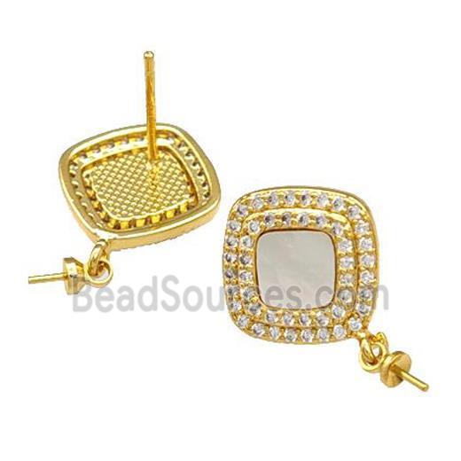 Copper Stud Earrings Pave Shell Zirconia With Bail Square 18K Gold Plated