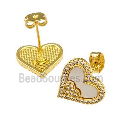 Copper Stud Earrings Pave Shell Zirconia Heart 18K Gold Plated