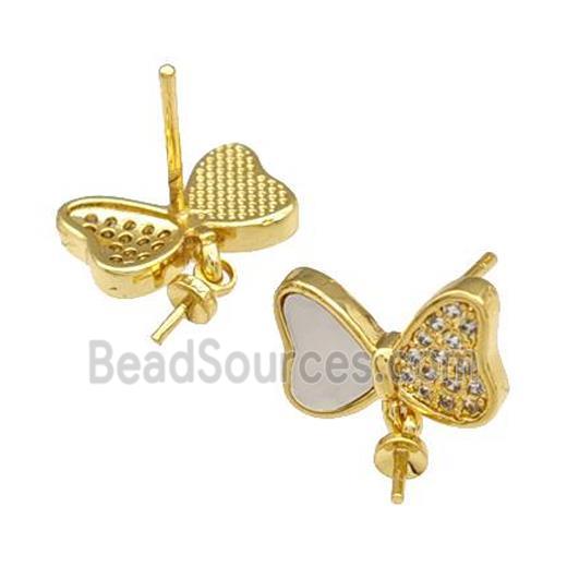 Copper Stud Earrings Pave Shell Zirconia With Bail Butterfly 18K Gold Plated