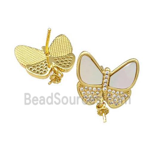 Copper Stud Earrings Pave Shell Zirconia With Bail Butterfly 18K Gold Plated