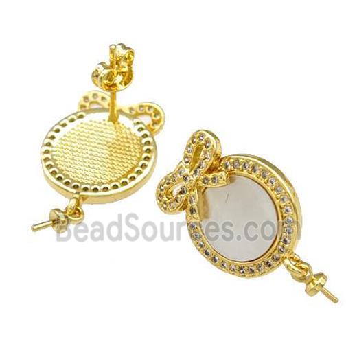 Copper Stud Earrings Pave Shell Zirconia With Bail Bowknot 18K Gold Plated