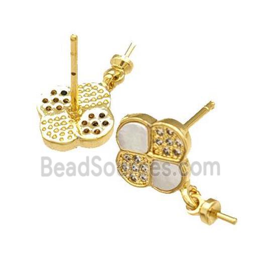 Copper Stud Earrings Pave Shell Zirconia With Bail Clover 18K Gold Plated