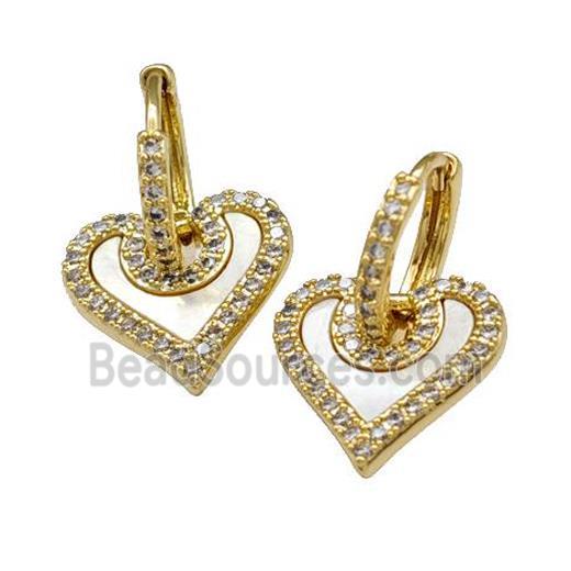 Copper Hoop Earrings Pave Shell Zirconia Heart 18K Gold Plated