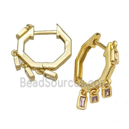 Copper Latchback Earrings Micro Pave Pink Zirconia Gold Plated