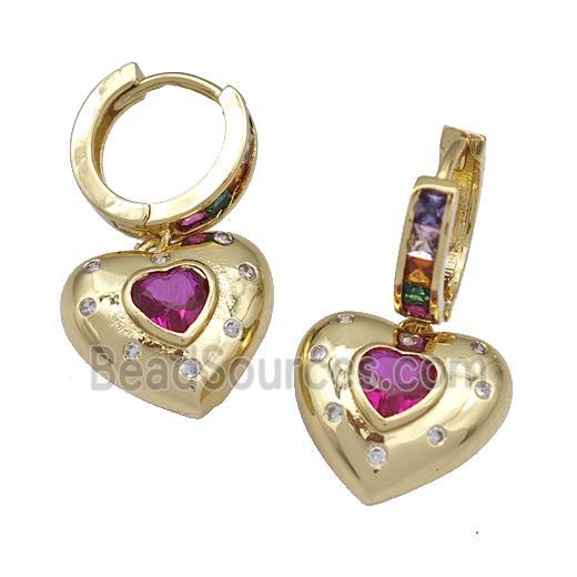 Copper Hoop Earrings Micro Pave Fuchsia Zirconia Heart Gold Plated