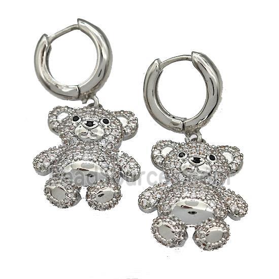 Copper Latchback Earrings With Bear Micro Pave Zirconia Platinum Plated