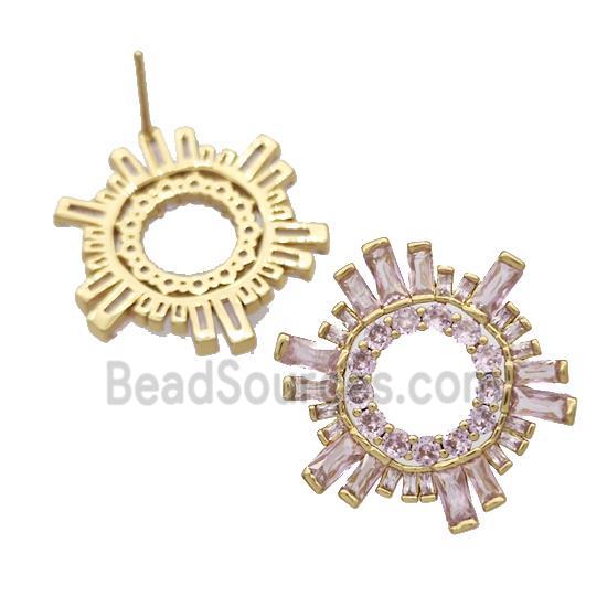 Copper Stud Earrings Micro Pave Pink Zirconia Sun Gold Plated