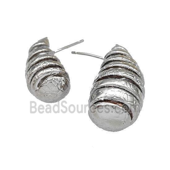 Copper Teardrop Stud Earrings Spiral Hollow Platinum Plated