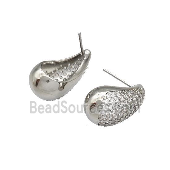 Copper Stud Earrings Micro Pave Zirconia Teardrop Hollow Platinum Plated