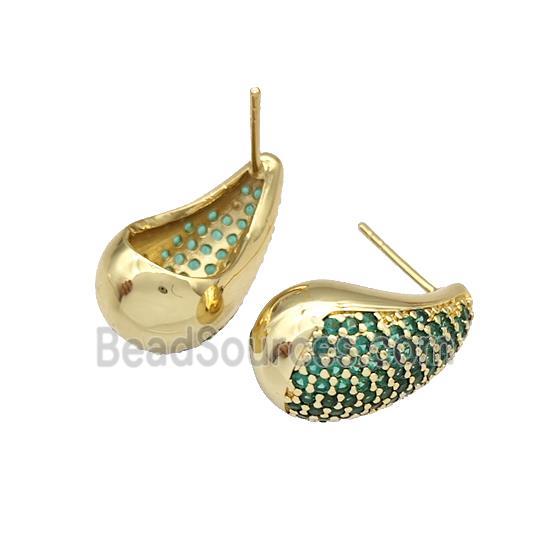 Copper Stud Earrings Micro Pave Green Zirconia Teardrop Hollow Gold Plated