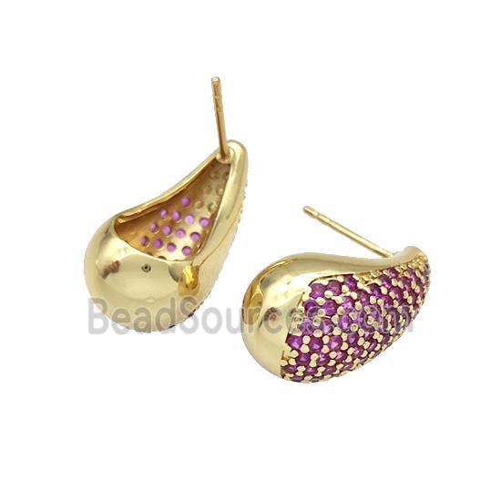 Copper Stud Earrings Micro Pave Fuchsia Zirconia Teardrop Hollow Gold Plated