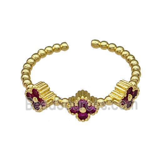 Copper Clover Rings Micro Pave Fuchsia Zirconia Gold Plated