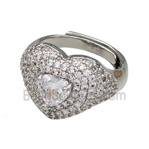 Copper Heart Rings Micro Pave Zirconia Adjustable Platinum Plated