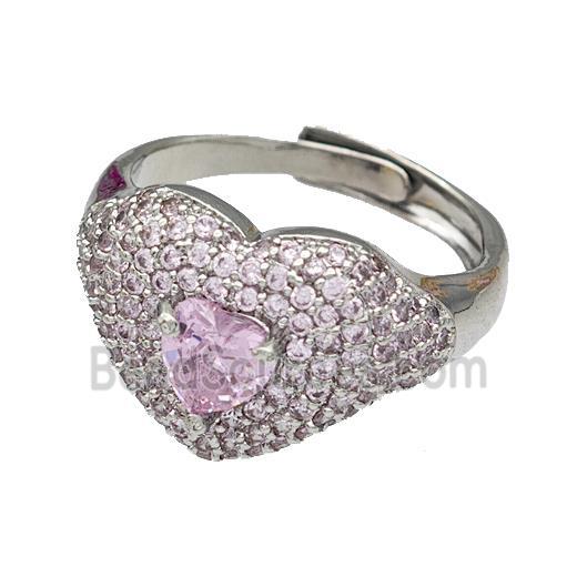 Copper Heart Rings Micro Pave Zirconia Adjustable Platinum Plated