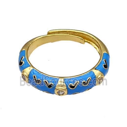 Copper Rings Pave Zircon Blue Enamel Adjustable Gold Plated