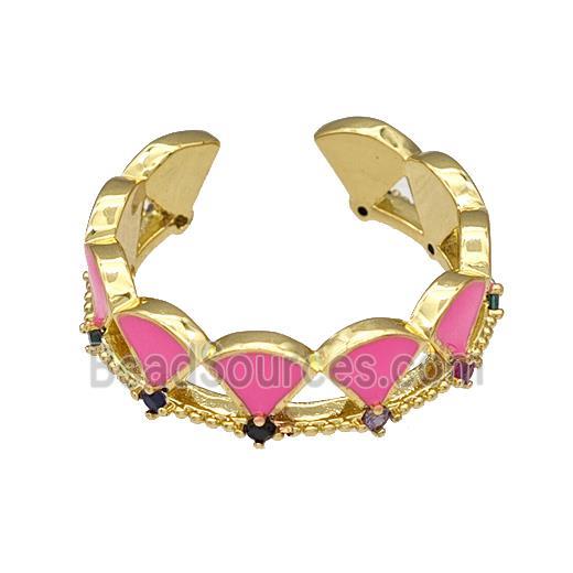 Copper Rings Pave Zircon Pink Enamel Adjustable Gold Plated