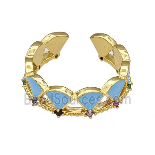 Copper Rings Pave Zircon Blue Enamel Adjustable Gold Plated