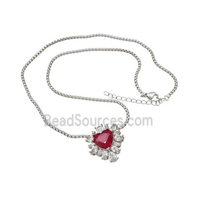 Copper Necklace Heart Micro Pave Red Crystal Glass Platinum Plated