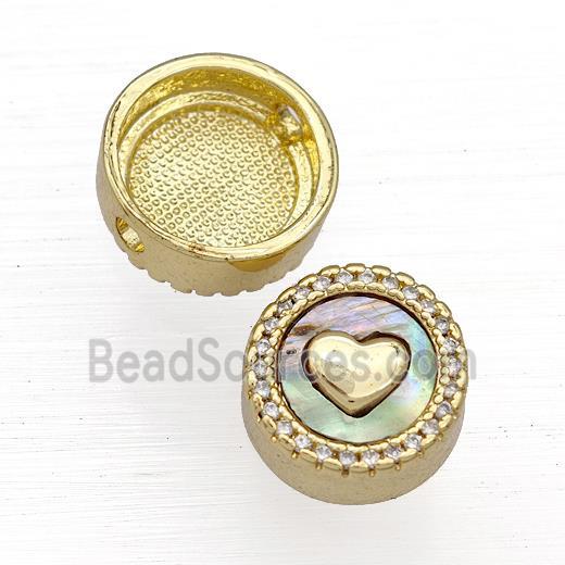 Copper Button Beads Pave Abalone Shell Zircon Heart 18K Gold Plated