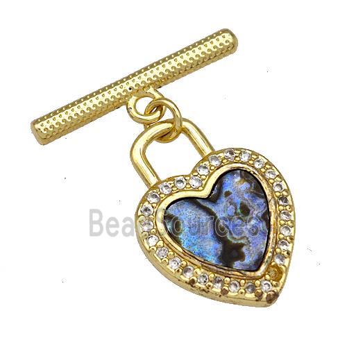 Copper Heart Lock Toggle Clasp Pave Abalone Shell Zircon 18K Gold Plated