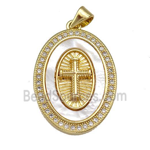 Copper Oval Pendant Pave Shell Zircon Cross 18K Gold Plated