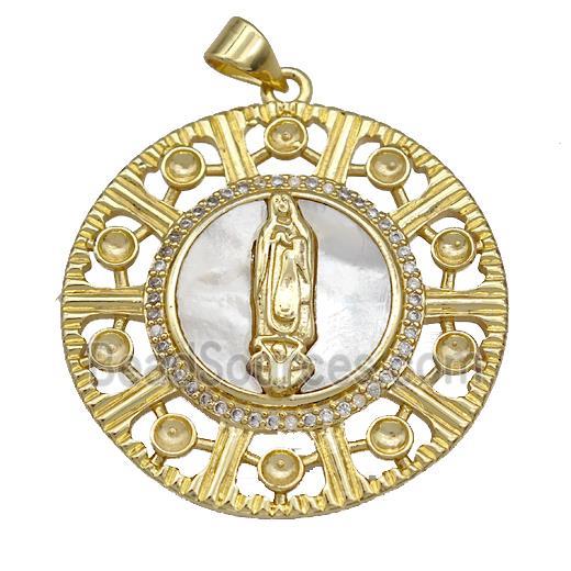 Jesus Charms Copper Circle Pendant Pave Shell Zirconia Religious 18K Gold Plated