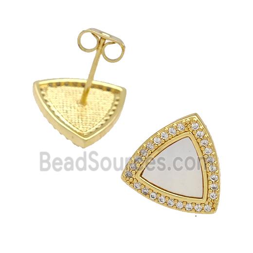 Copper Triangle Stud Earrings Pave Shell Zirconia 18K Gold Plated