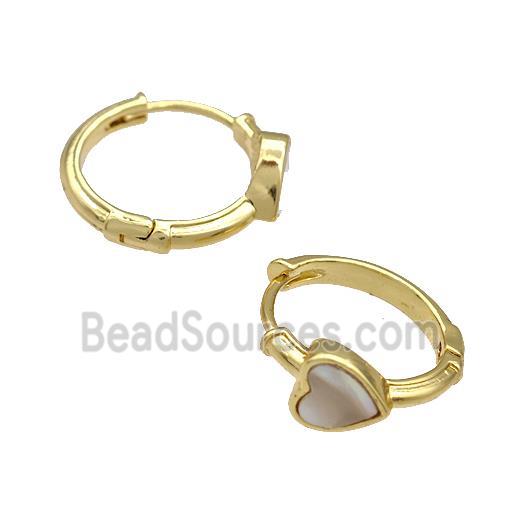 Copper Hoop Earrings Pave Shell Heart 18K Gold Plated