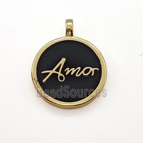 Copper Circle Pendant Amor Black Enamel Gold Plated