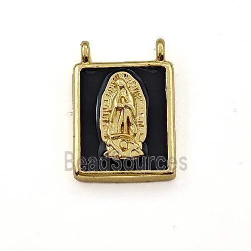 Copper Rectangle Pendant Virgin Mary Black Enamel 2loops Gold Plated