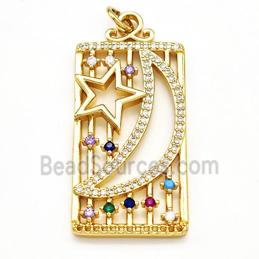 Copper Rectangle Pendant Pave Zircon Moon Star Gold Plated