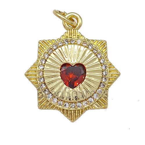Red Heart Sun Charms Copper Pendant Pave Zircon Gold Plated