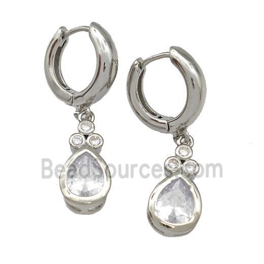 Copper Hoop Earrings Pave Zircon Teardrop Platinum Plated