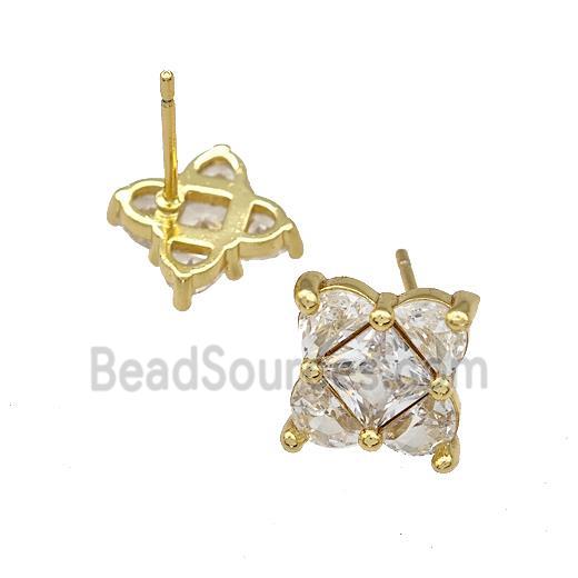 Copper Stud Earrings Micro Pave Zirconia Flower Gold Plated