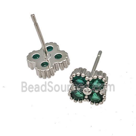 Copper Stud Earrings Micro Pave Green Zirconia Flower Platinum Plated