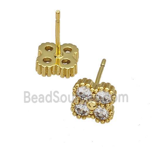 Copper Stud Earrings Micro Pave Zirconia Flower Gold Plated