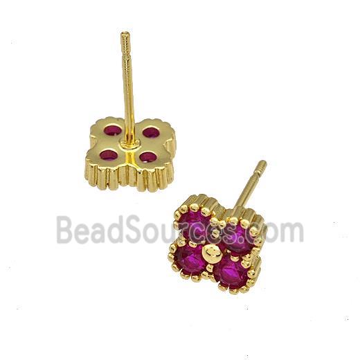 Copper Stud Earrings Micro Pave Zirconia Flower Gold Plated