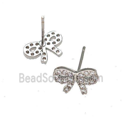 Copper Bow Stud Earrings Pave Zirconia Platinum Plated