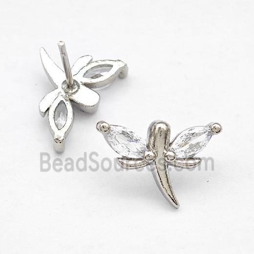 Copper Dragonfly Stud Earrings Pave Zirconia Platinum Plated